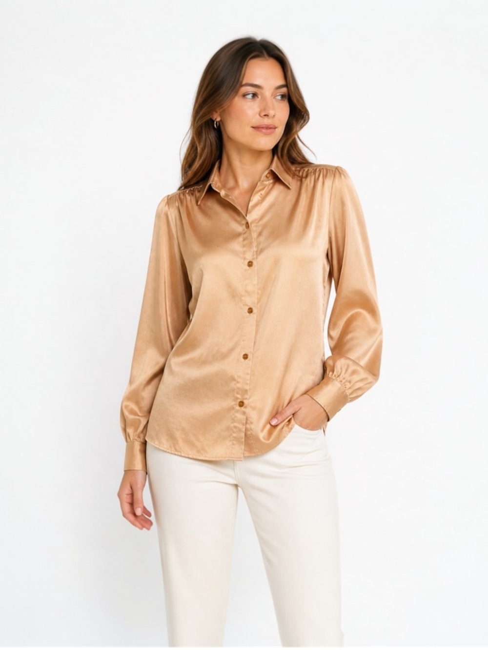Vintage Lady Manhattan Satin Button Down Blouse Gold Champagne Top 8